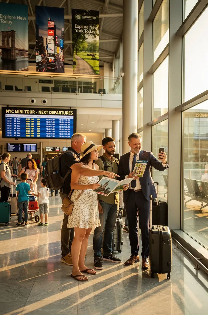 Пассажир с чемоданом стоит у табло вылетов в аэропорту, готовясь к мини-туру с гарантированным возвратом.